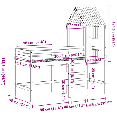 vidaXL Posteljni okvir z lestvijo in streho 80x200 cm borovina