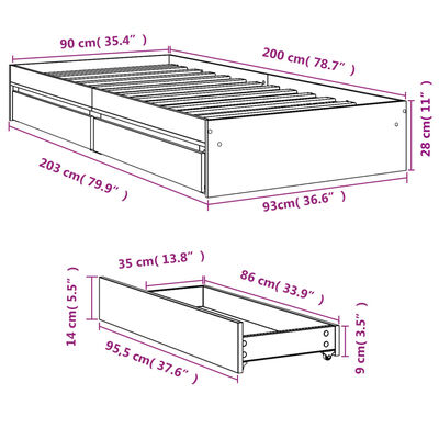 vidaXL Posteljni okvir s predali sonoma hrast 90x200 cm inženirski les