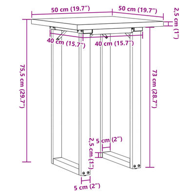 vidaXL Jedilna miza O okvir 50x50x75,5 cm trdna borovina lito železo