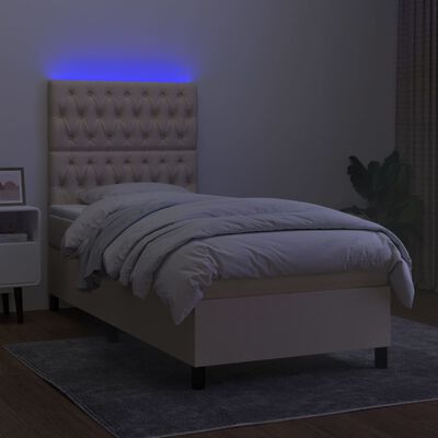 vidaXL Box spring postelja z vzmetnico LED krem 100x200 cm blago