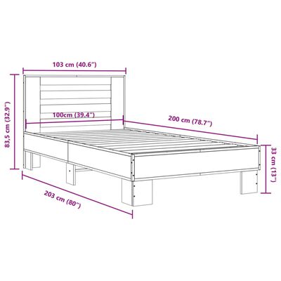 vidaXL Posteljni okvir dimljeni hrast 100x200 cm inž. les in kovina