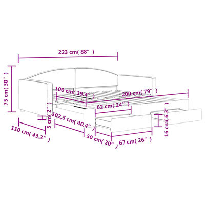 vidaXL Izvlečna dnevna postelja s predali črna 100x200 cm blago