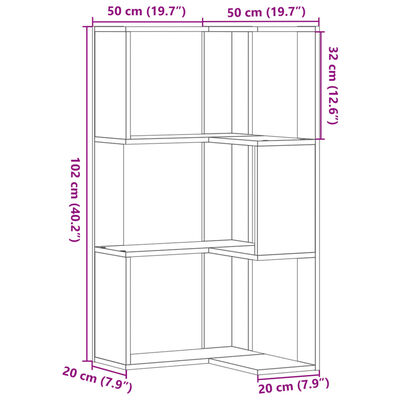 vidaXL Kotna knjižna omara 3-nadstropna siva sonoma 50x50x102 cm