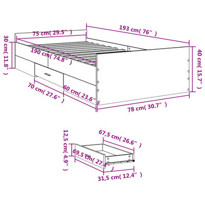 vidaXL Posteljni okvir s predali betonsko siv 75x190 cm inženirski les