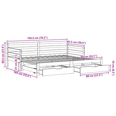 vidaXL Izvlečna dnevna postelja s predali bela 90x190 cm borovina