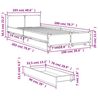 vidaXL Posteljni okvir s predali rjavi hrast 100x200 cm inž. les