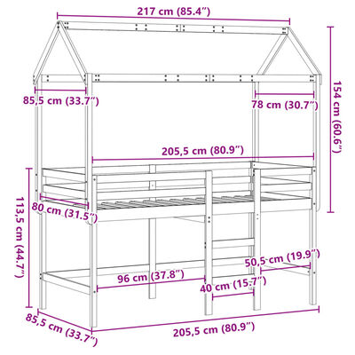 vidaXL Posteljni okvir z lestvijo in streho bel 80x200 cm borovina