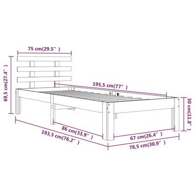 vidaXL Posteljni okvir bel iz trdnega lesa 75x190 cm