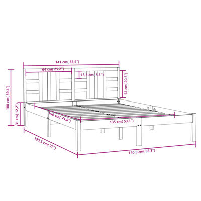 vidaXL Posteljni okvir bel iz trdnega lesa 135x190 cm