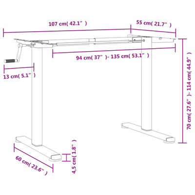 vidaXL Okvir za stoječo mizo bel (94-135)x60x(70-114) cm jeklo