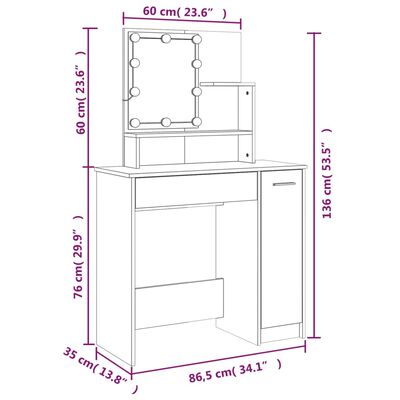 vidaXL Toaletna mizica z LED lučkami bela 86,5x35x136 cm