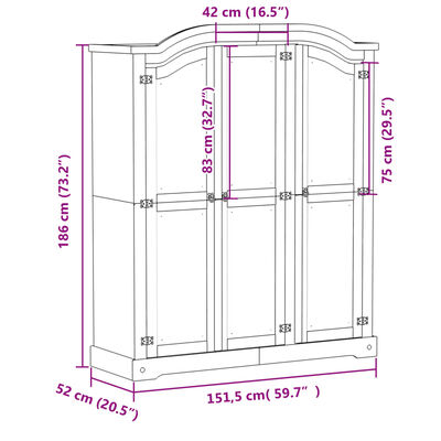 vidaXL Garderobna omara Corona bela 151,5x52x186 cm trdna borovina