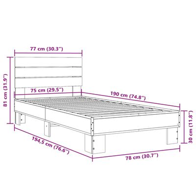 vidaXL Posteljni okvir rjav hrast 75x190 cm inženirski les in kovina