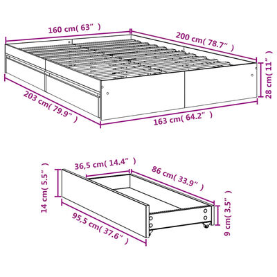 vidaXL Posteljni okvir s predali sonoma hrast 160x200cm inženirski les