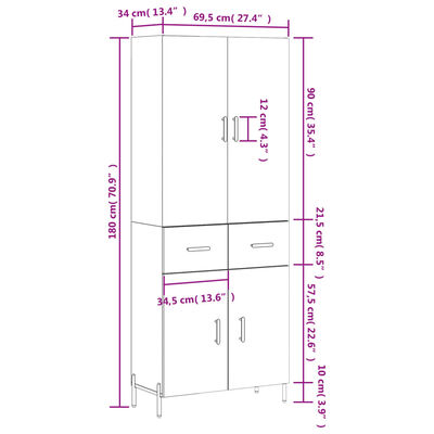 vidaXL Visoka komoda siva sonoma 69,5x34x180 cm inženirski les