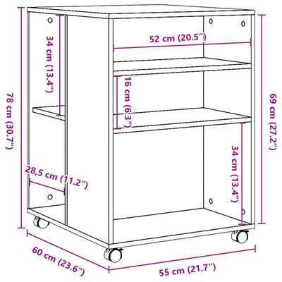 vidaXL Stranska mizica s kolesi rjav hrast 55x60x78 cm inženirski les