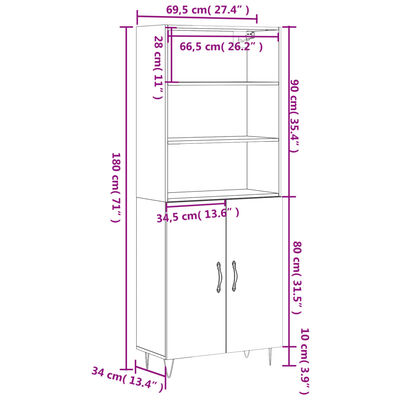 vidaXL Visoka komoda rjav hrast 69,5x34x180 cm inženirski les