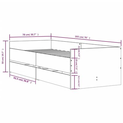 vidaXL Posteljni okvir s predali dimljen hrast 75x190 cm