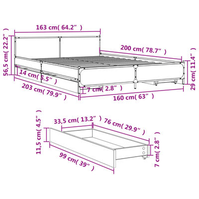 vidaXL Posteljni okvir s predali črn 160x200 cm inženirski les