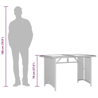 vidaXL Vrtna miza s stekleno ploščo rjava 110x68x70 cm poli ratan