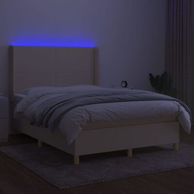 vidaXL Box spring postelja z vzmetnico LED krem 140x190 cm blago