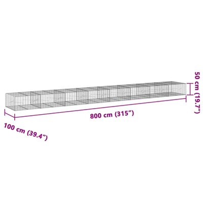 vidaXL Gabionska košara s pokrovom 800x100x50 cm pocinkano železo