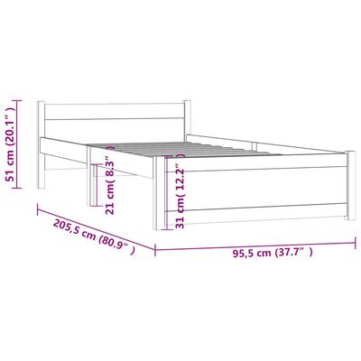 vidaXL Posteljni okvir bel iz trdnega lesa 90x200 cm