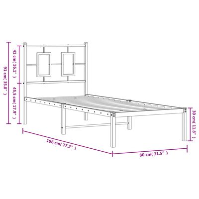 vidaXL Kovinski posteljni okvir brez vzmetnice z vzglavjem 75x190 cm