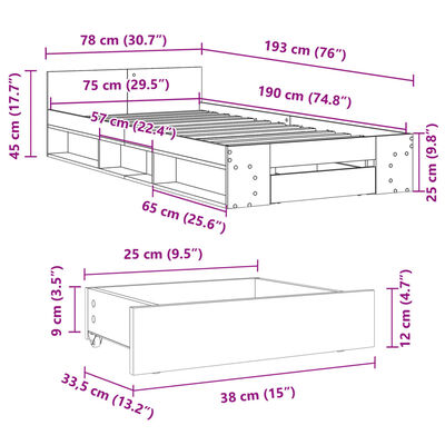 vidaXL Posteljni okvir s predalom sonoma hrast 75x190 cm inž. les