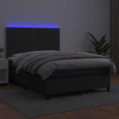 vidaXL Box spring postelja z vzmetnico LED črna 140x190 cm um. usnje