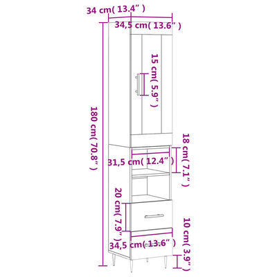 vidaXL Visoka omara bela 34,5x34x180 cm inženirski les