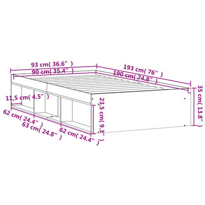 vidaXL Posteljni okvir siva sonoma 90x190 cm