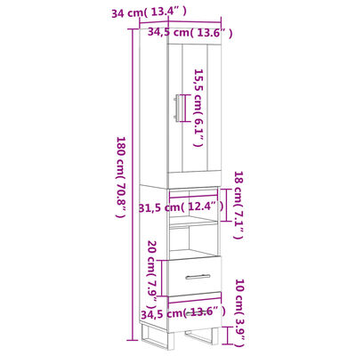 vidaXL Visoka omara visok sijaj bela 34,5x34x180 cm inženirski les