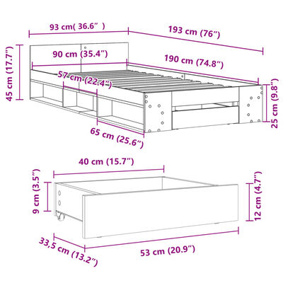 vidaXL Posteljni okvir s predalom sonoma hrast 90x190 cm inž. les