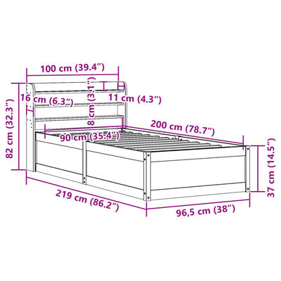 vidaXL Posteljni okvir z vzglavjem bel 90x200 cm trdna borovina