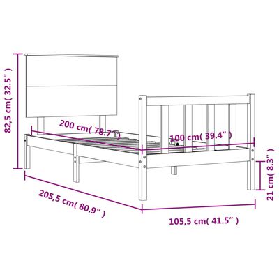 vidaXL Posteljni okvir z vzglavjem črn 100x200 cm trden les