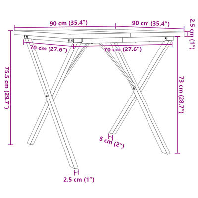 vidaXL Jedilna miza X okvir 90x90x75,5 cm trdna borovina lito železo