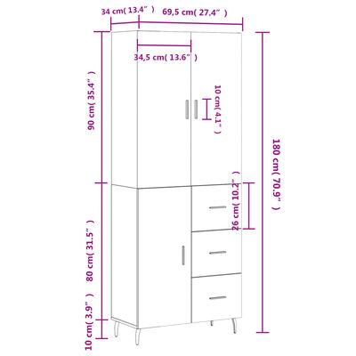 vidaXL Visoka komoda dimljen hrast 69,5x34x180 cm inženirski les