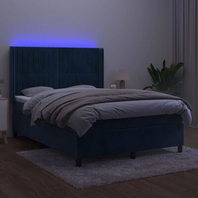 vidaXL Box spring postelja z vzmetnico LED temno modra 140x200cm žamet