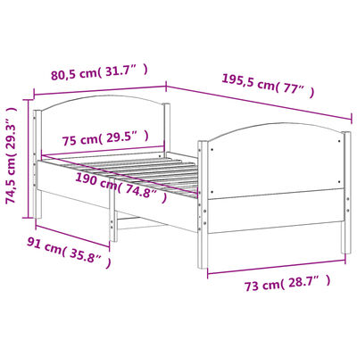 vidaXL Posteljni okvir brez vzmetnice 75x190 cm trdna borovina