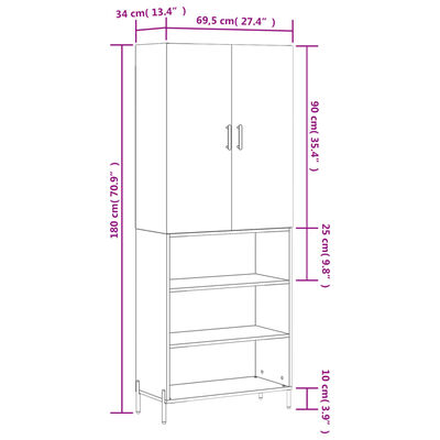 vidaXL Visoka komoda siva sonoma 69,5x34x180 cm inženirski les