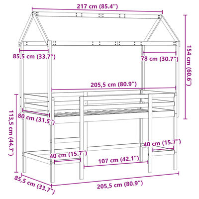 vidaXL Posteljni okvir z lestvijo in streho bel 80x200 cm borovina