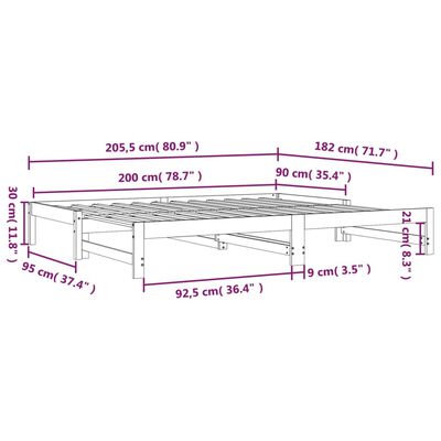 vidaXL Izvlečna dnevna postelja črna 2x(90x200) cm trdna borovina