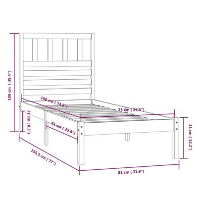 vidaXL Posteljni okvir brez vzmetnice bel 75x190 cm trdna borovina