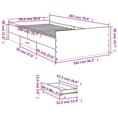 vidaXL Posteljni okvir s predali siva sonoma 100x200 cm inženirski les