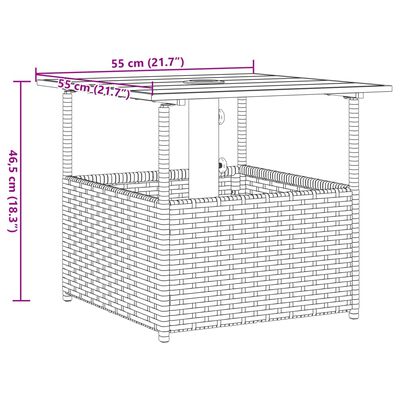 vidaXL Vrtna miza z luknjo za senčnik črna 55x55x46,5 cm poli ratan