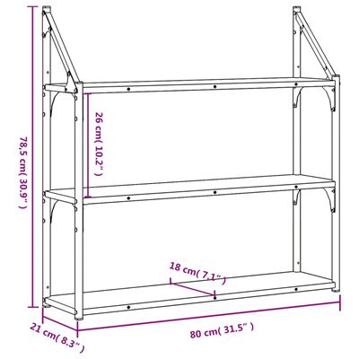 vidaXL Stenska polica 3-nadstropna siva sonoma 80x21x78,5 cm inž. les