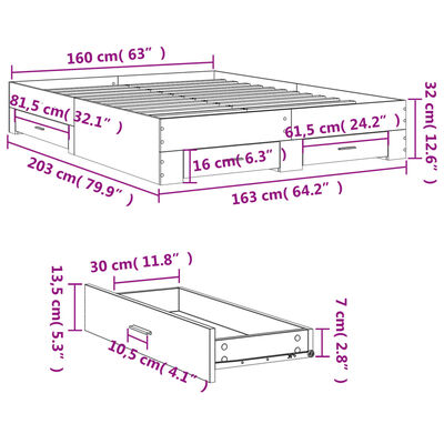 vidaXL Posteljni okvir s predali rjavi hrast 160x200 cm inženirski les