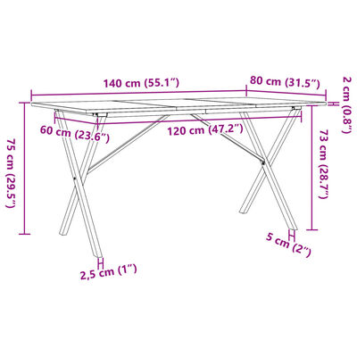 vidaXL Jedilna miza X okvir 140x80x75 cm trdna borovina lito železo