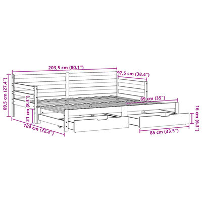 vidaXL Izvlečna dnevna postelja s predali brez vzmetnice bela 90x200cm